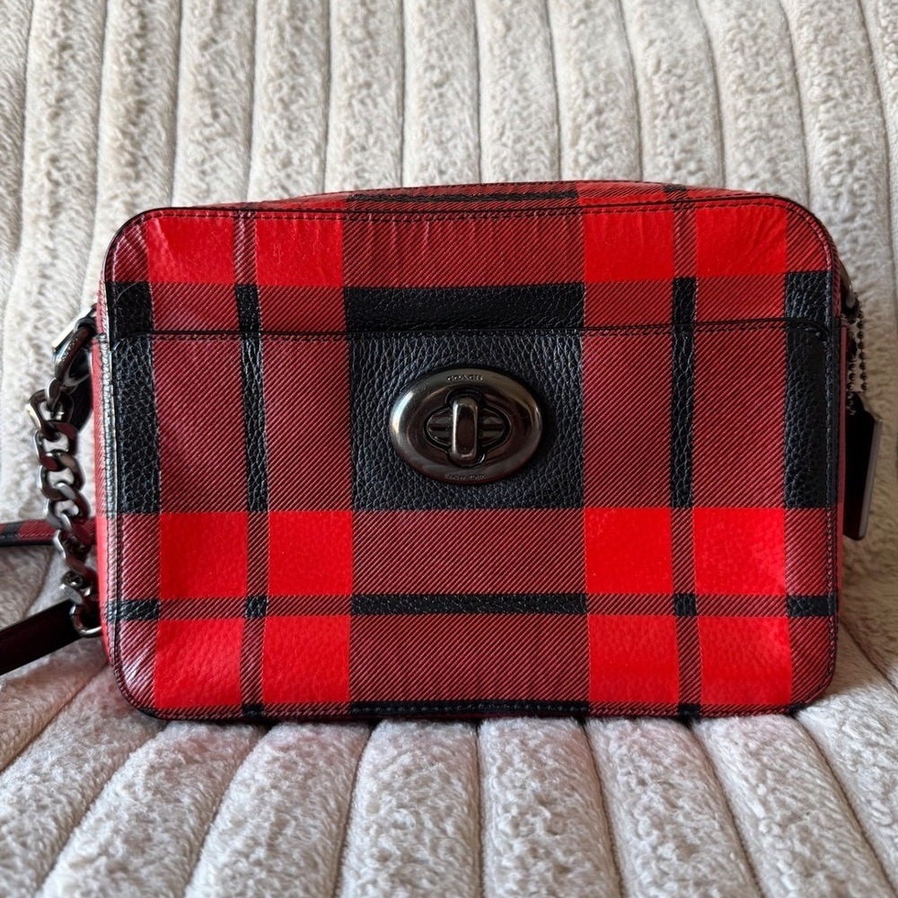 Coach Buffalo Plaid Red Black Leather Crossbody Camera Bag Gunmetal Hardware